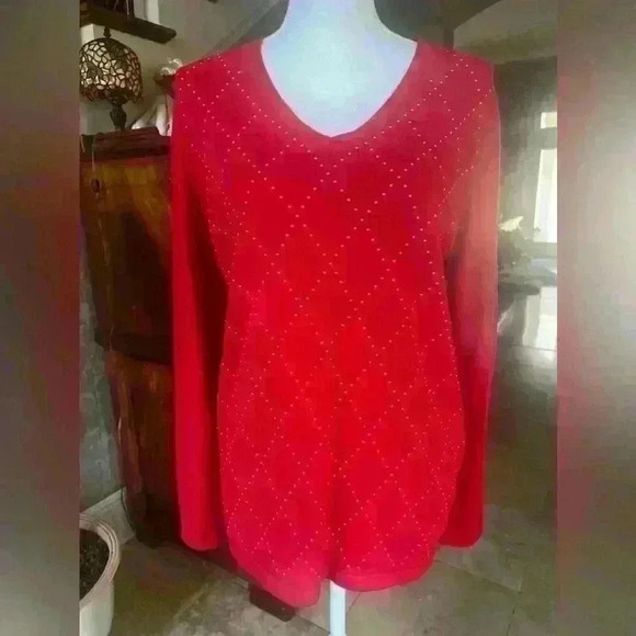 Tommy Hilfiger Red v neck sweater Large lightweight long sleeve decorative gold - Picture 4 of 10